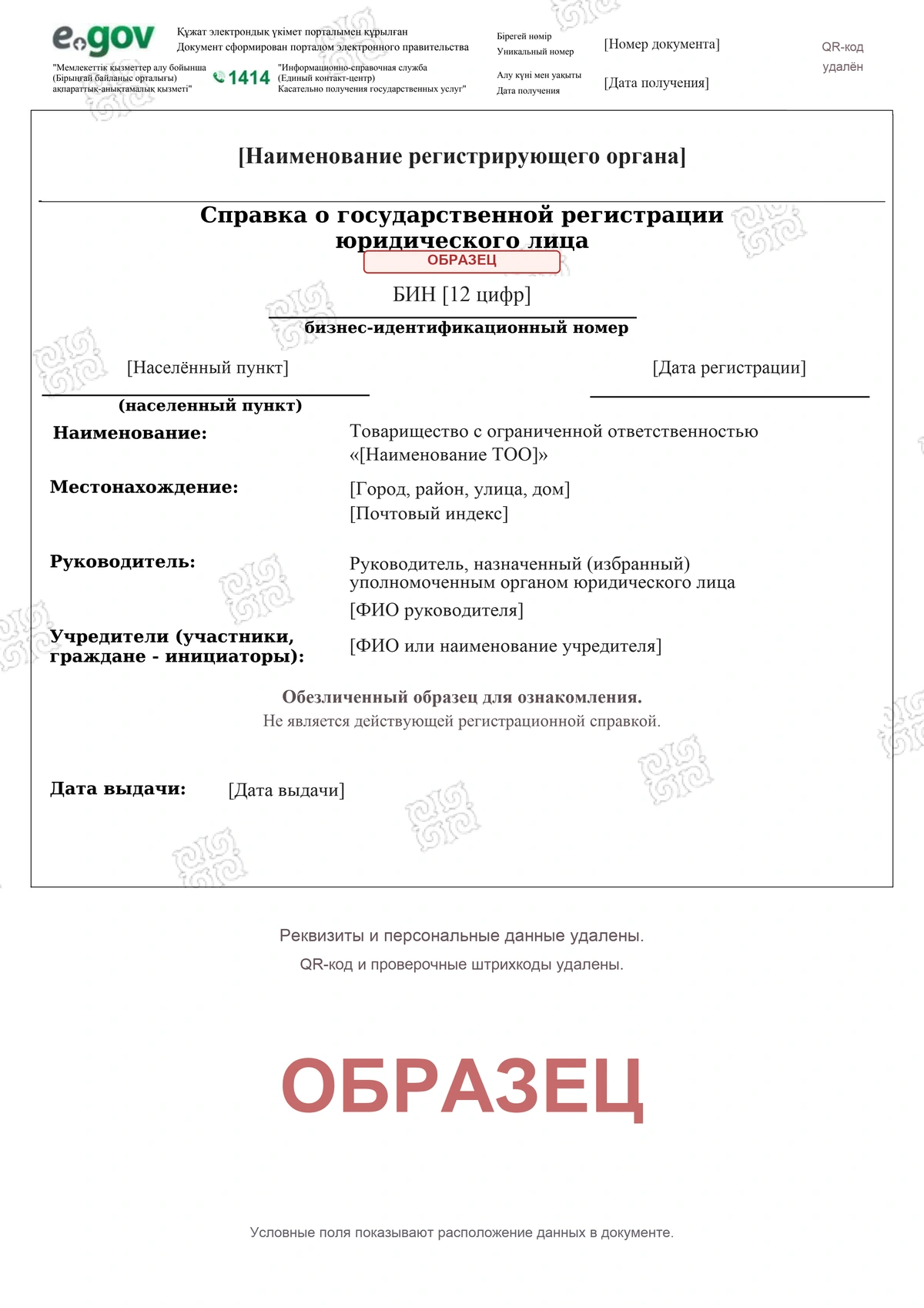 Обезличенная справка о государственной регистрации юридического лица: реквизиты компании и персональные данные удалены